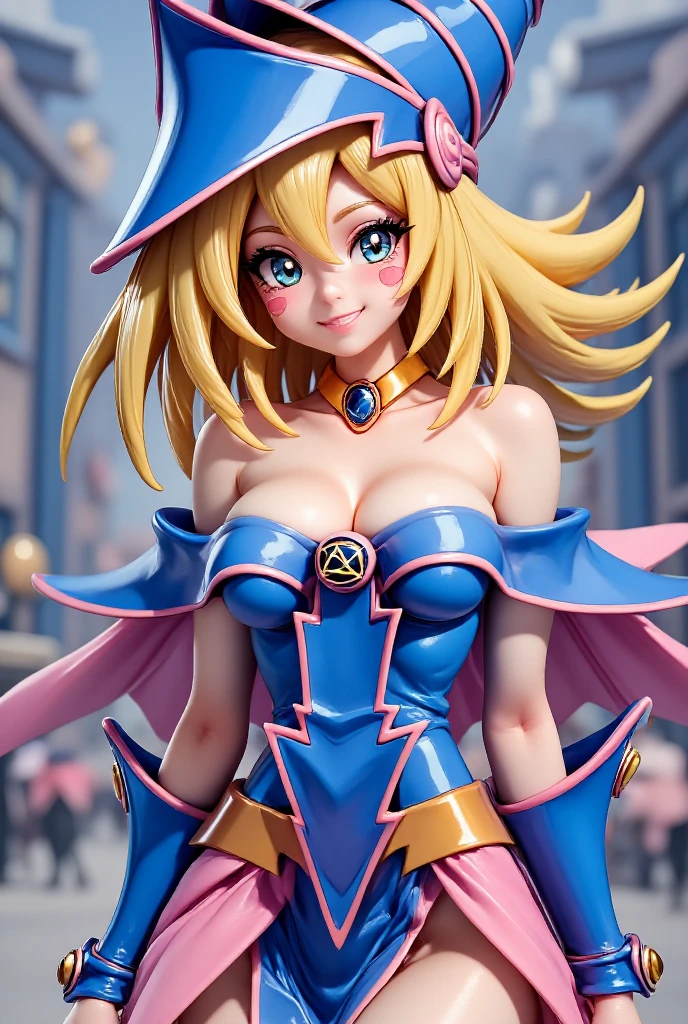 (masterpiece:1.2), (The best quality:1.2), perfect lighting, Dark Magician Girl casting a spell, floating in the air, big tits, neckline, magic background. Transparent hearts in the air, blue robe, big hat, from above, Sparkles, Yugioh Card in the background. In heels and a bikini