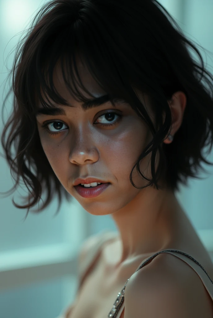 portrait femenino hiperrealista de David Hockney y Alphonse Mucha, Fantasy Art, photorealistic, dynamic lighting, art station, poster, volume lighting, Very detailed face, 4k, awarded, (Dark: 1.6), A girl, In the dark, deep shadows, low key, portrait, (bikini: 1.4), short hair, black fur, peeling this