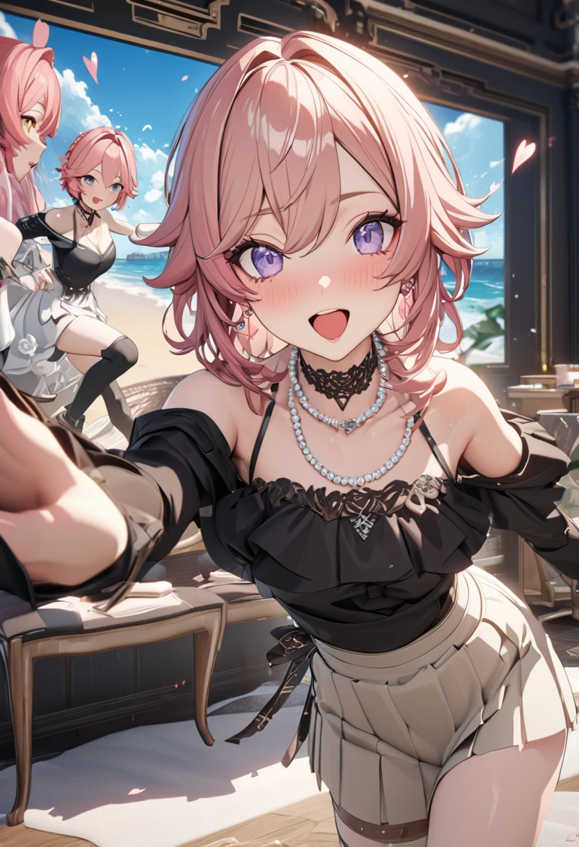 Chief、Multiple wives next to each other、Harem、liquor、food、Girl with pink hair、blue eyes