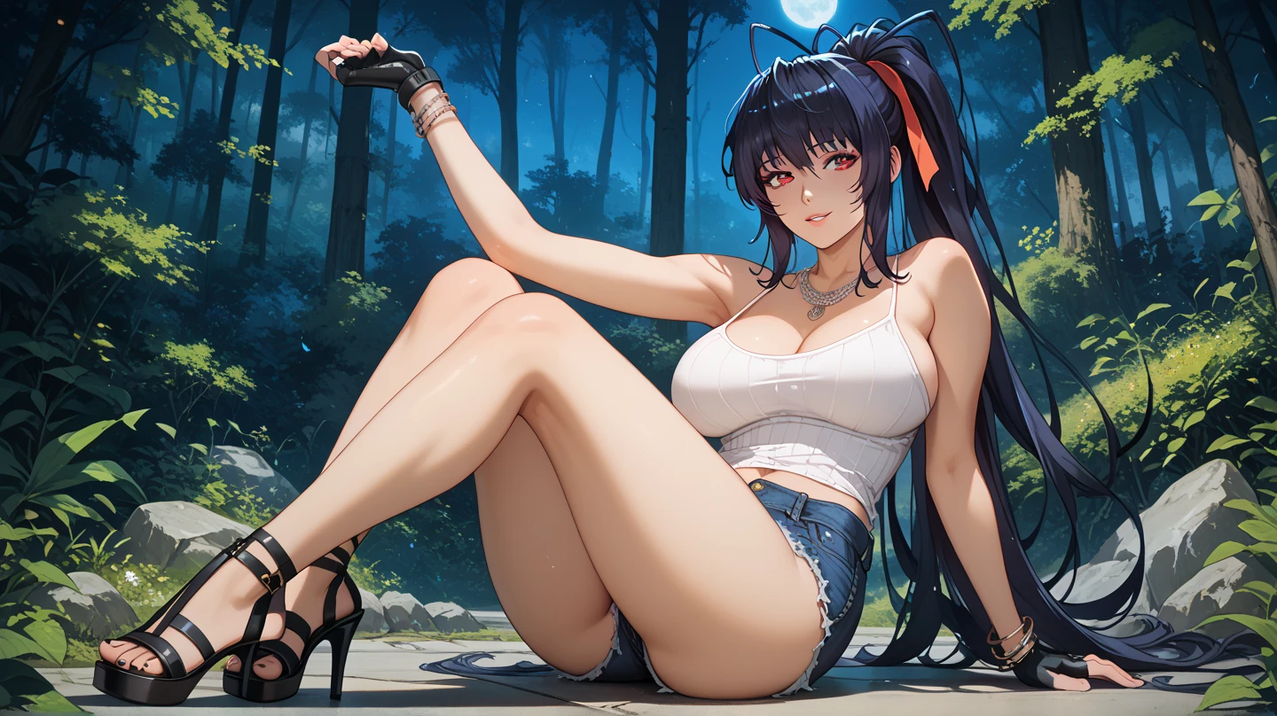 Himejima Akeno,long hair,smile,one person,full body,jean shorts,closed toe shoes,black high heels,black crop top,crossed legs,sitting,cleavage,purple eyes,legs,denim jacket