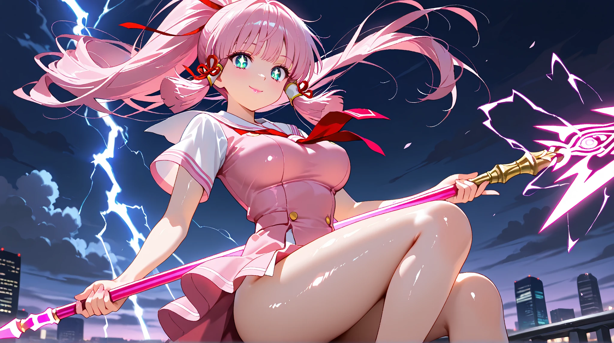 Masterpiece, Best Quality, Highly detailed, illustration, absurdres, 1girl, solo, expressionless, blank eyes, looking at viewer, emotionless, corrution, mind control, female combatant, full body, hypnotized, unhappy trance, both arms at side, obey, perfect female body, extremely glossy latex, hypnosis, hypnoLora, empty eyes, Mind control device, arm at side, stand up straight, standing, standing at attention, latex, pink delmo uniform, delmo uniform, tight miniskirt, pencil skirt, ultra-detailed, Explicit, Beautiful body, Beautiful Nose, Beautiful character design, perfect eyes, perfect face, ultra highres, 4K, beautiful legs, perfect legs, Nice hands, Perfect hand, white skin, pink hair, long hair, pink eyes, puffy sleeves, looking at viewer, light reflect on clothes, (pink delmo uniform, pink metal foil uniform, pink delmo, pink sleeve, red stripes, tight pink miniskirt, gold shoes), tamaki iroha, pink latex, Puella Magi Madoka Magica Side Story: Magia Record, hat,
