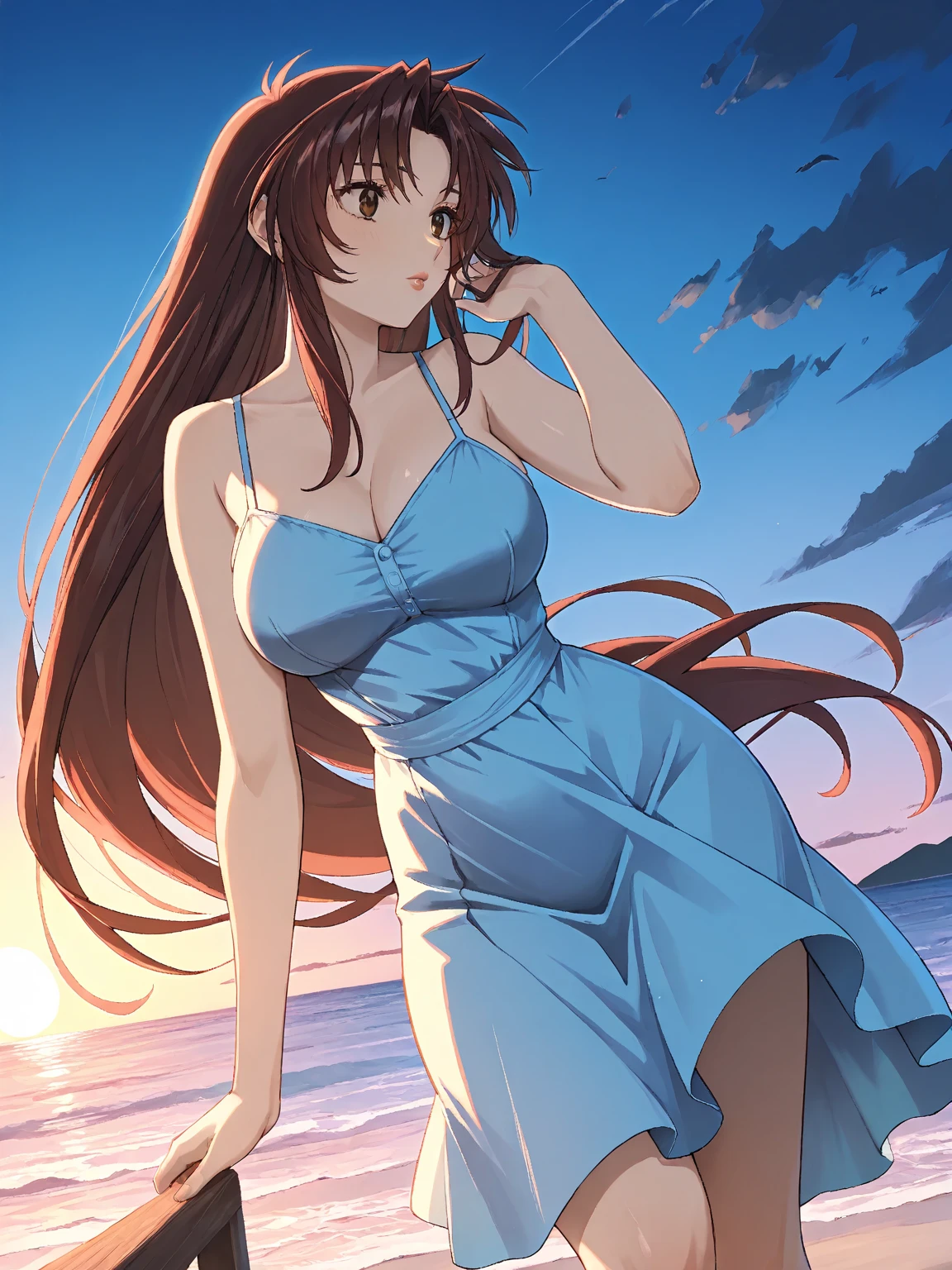 masterpiece, rich colors, Best quality, detailed, high resolution, Hyper quality, high detail, , high quality, detailing, skinny sexy girl on the beach , bright lighting , green eyes, Anime, palm trees, bright lighting, redhead,