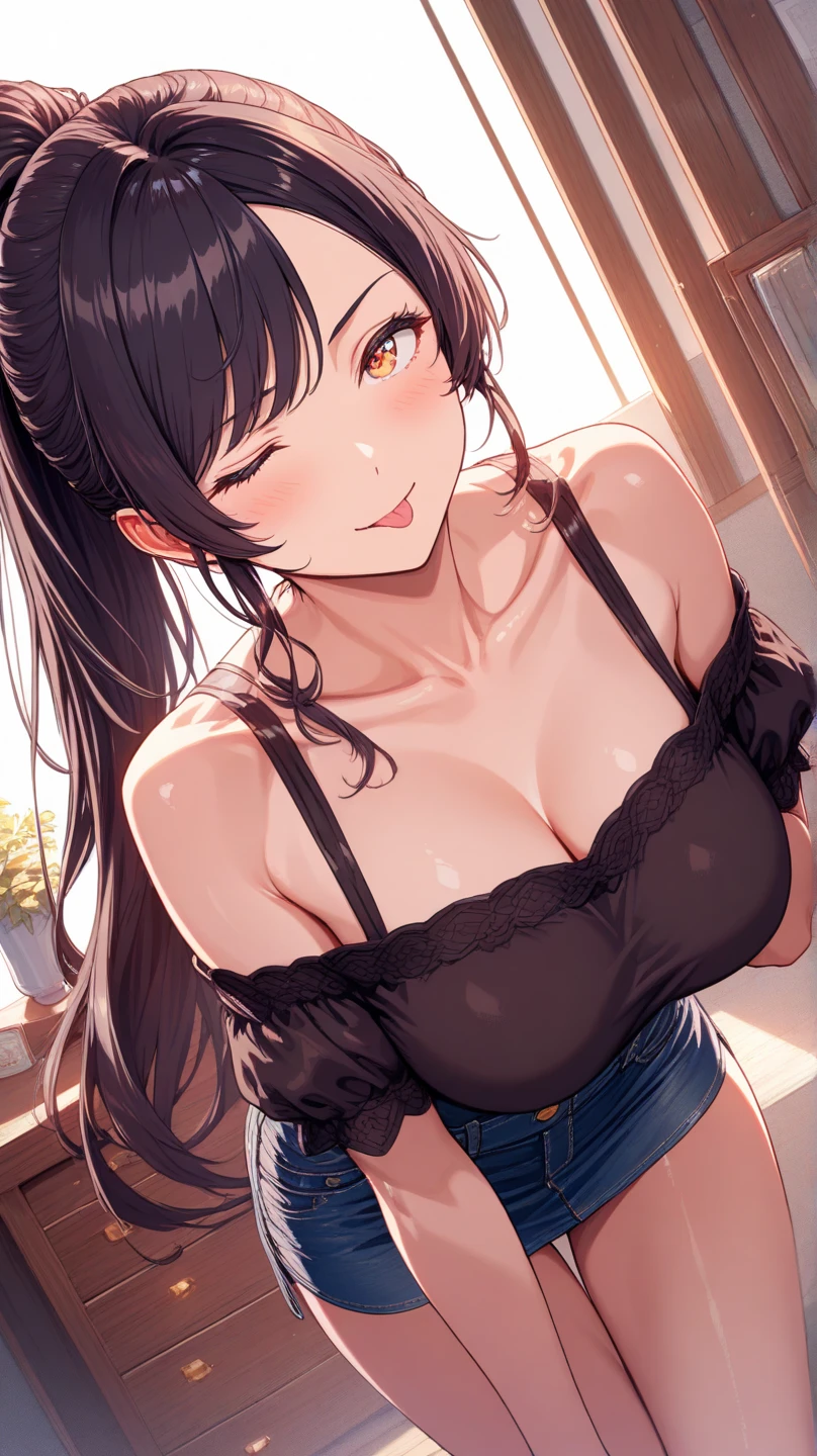 ultra_detailed, highres, absurdres, masterpieces, (leaning forward), 1girl, looking at viewer, long hair, black hair, (tareme), large breasts, cleavage, downblouse, loose t-shirt, off shoulder, smile, blush, outdoors