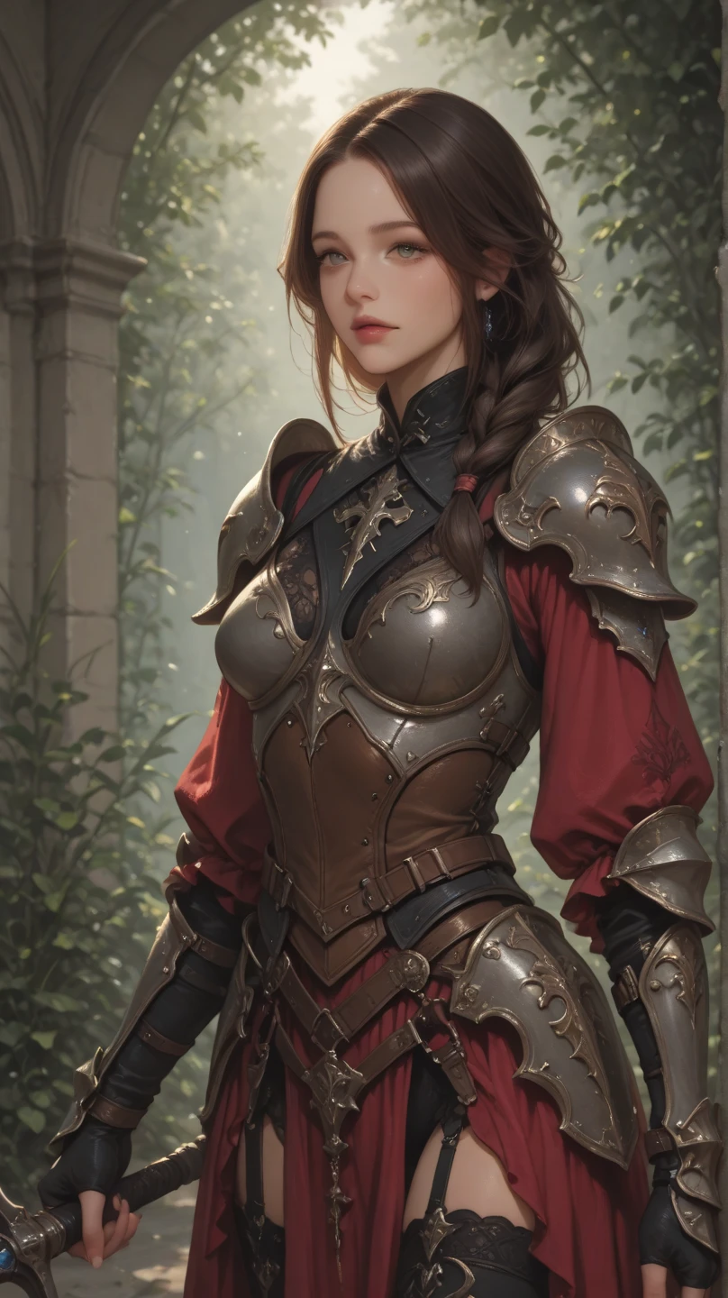 beautiful detail, best quality, 8k, highly detailed face and skin texture, high resolution, huge tits red long hair girl in sexy armor standing on street in village, medieval europe, fantasy, full body, sharp focus