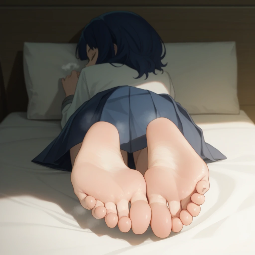 Blue dark hair or dark blue hair lying barefoot in bed,Anime Girls, Detailed feet POV, Low Perspective, High Sole, Exposed toes, Finely crafted legs looking down at you, Low Perspective, Full Color, On my bed, lower angle, Foot pose, Her legs are sticking out, Sitting on the bed, high resolution、Very detailed, Legs that capture your perspective, super detailed color art, Giant Art