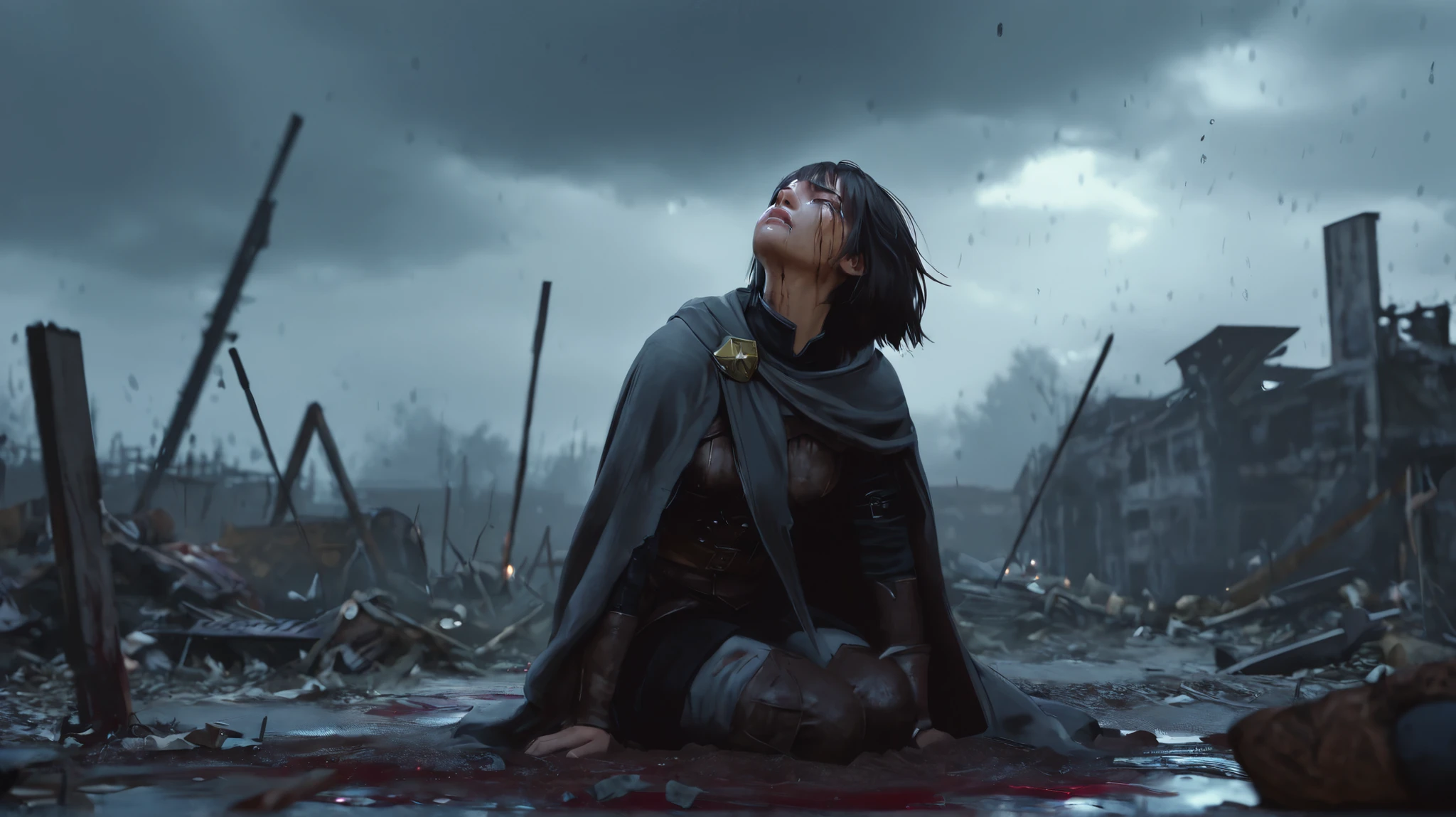 a sad, broken girl archer crying under a grey, medieval theme rainy sky on a battlefield, she lost her beloved warrior, she is looking up and calling outdetailed portrait of a young girl, short dark hair, tear-stained face, eyes closed, mouth open in anguished cry, shoulders slumped, kneeling on muddy ground, grey cloudy sky, abandoned weapons and debris scattered around, highly detailed, cinematic lighting, dramatic atmosphere, digital painting, masterpiece, photorealistic, 8K, HDR, physically-based rendering, vivid colors, moody, somber