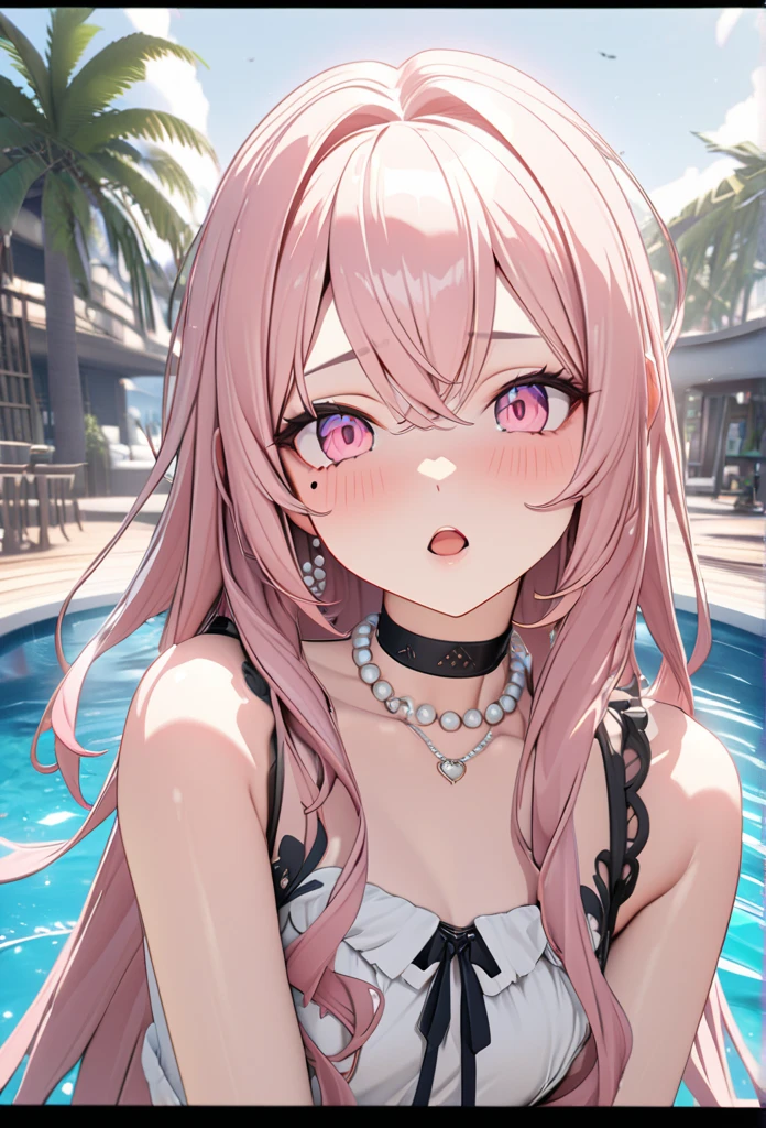 masterpiece, best quality, highly detailed, high resolution, expensive resolution, high resolution, 4k, 8k, Unity 8k wallpaper, highly detailed CG, masterpiece, 2d, 3d, beautiful details, depth, fine texture, best quality: 1.3, perfect focus, crispy skin, him, very cute anime girl, girl with pearl necklace and pearl earrings, idol. Background is ocean with dolphins jumping, scallops dancing, palm trees, expensive, pink medium long hair, mole under eye, looking at the viewer, expensive, blush, mole, open lips, , heart, pink eyes, choker