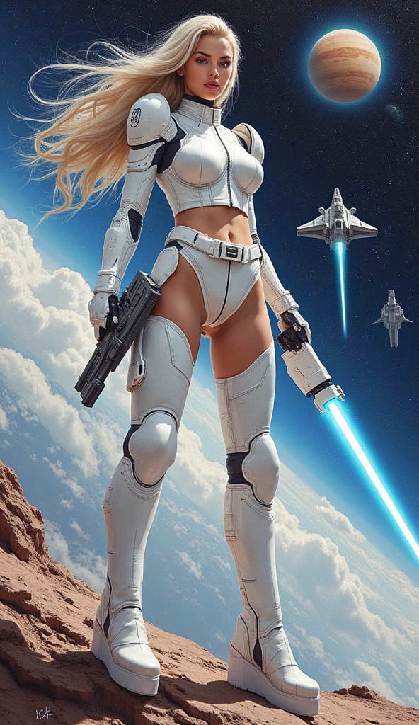 18 years old Italian woman, ((full body)), ((nude)), ((heavily armored space commander)), beautiful chest, standing with her legs spread apart in the space ship in deep space far from the galaxy, no planet and no moon around there, fighting the huge alien space ship, milky way outside of the ship, zoom in from below