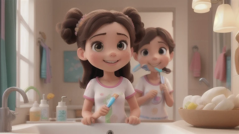 Children brushing teeth in the bathroom, ((realistic toothbrushes))