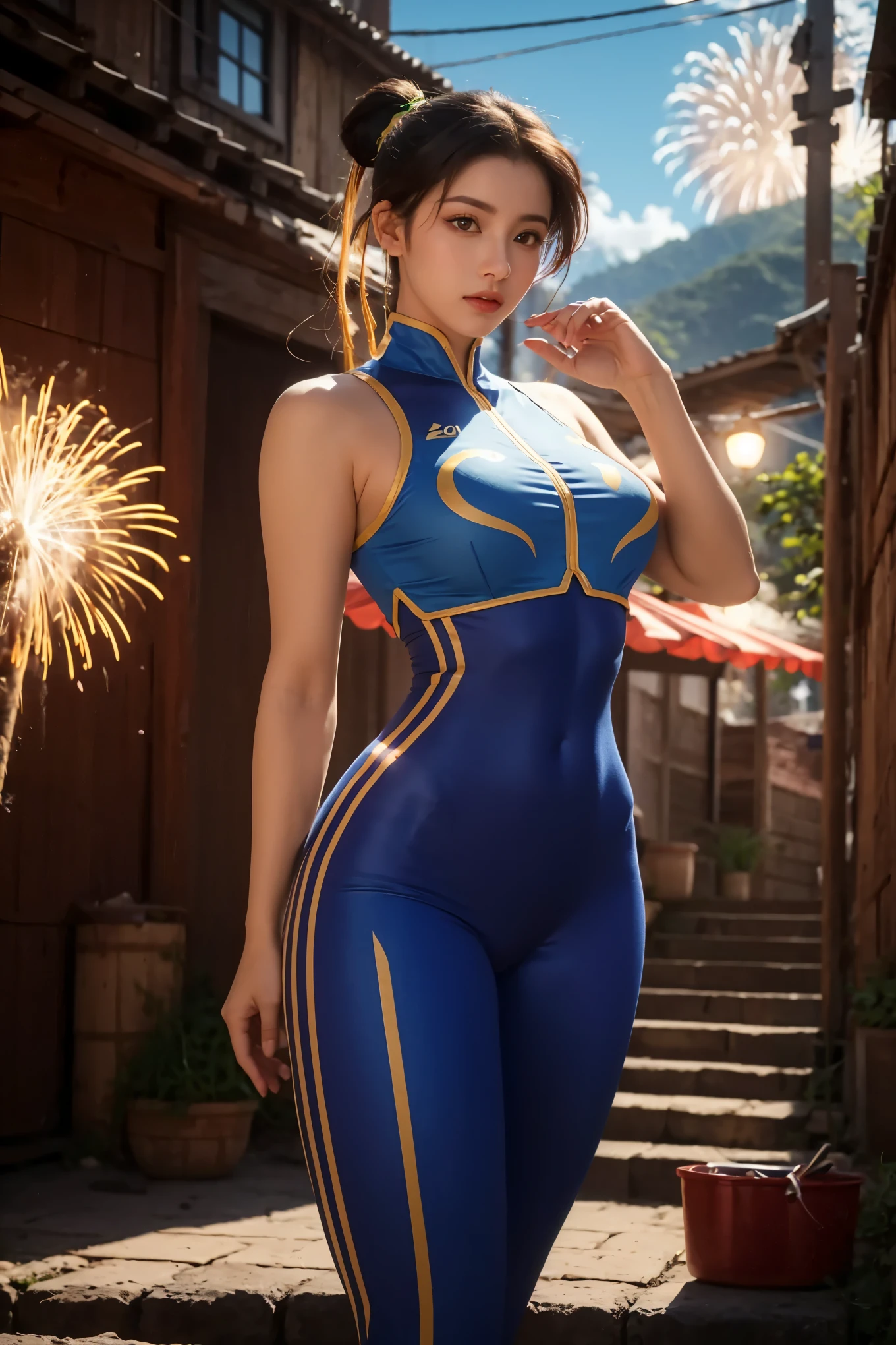 obra-prima, melhor qualidade, High resolution,
(sentado em escadas)
CustoZero__ownwaifu,
1 menina, Chun-Li, cabelo castanho, olhos castanhos, seios grandes, sombra vermelha, coque de cabelo, double bread , fita de cabelo, maquiagem, seios grandes, (coxas grossas), mulher musculosa, tonificado, franja, batom, eyeliner, quadris largos, cintura estreita,
blue jumpsuit, unitard, sem mangas, pulseira cravejada, pele firme, ombros nus, top curto, Fita Amarela, colete, double vertical stripes, ouro aparar, boceta, roupas brilhantes,
canal, ponto de fuga, Profundidade_de_campo, paisagem, noite, florescer, aerial fireworks, Sozinho, tiroteio de cowboy, looking at the spectator,