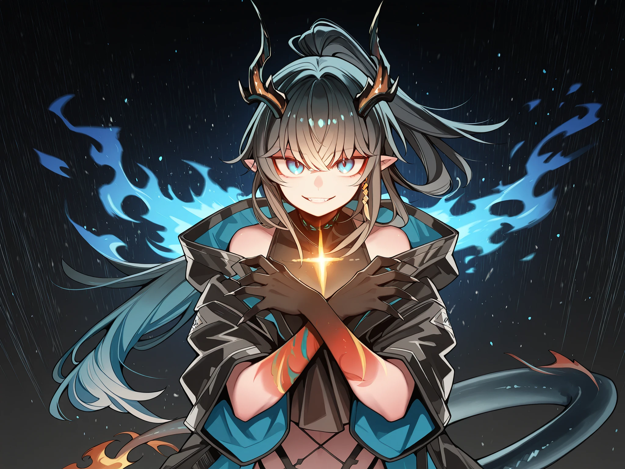 Alone, 1 boy, Young character, Character with height of Nian from "Arknights", character is male, young, hair like Reed The Flame Shadow's (but black) tied in a long ponytail, black horns like Reed The Flame Shadow from "Arknights", black tail like Reed The Flame Shadow from "Arknights" (but with blue flame on the tip);
Black hair, hair like Reed The Flame Shadow's (but black) tied in a long ponytail, long bangs, black hands and arms with blue details and spots;
The character's face must be the same as Nian from "Arknights" (but with blue eyes), flashy blue eyes, provocative face, provocative smile, young, perfect and handsome face;
Perfect anatomy, arms colored in the style of Nian from "Arknights" (but arms and hands must be painted black with blue details), hands with claws, arms with blue details;
Black coat like Reed The Flame Shadow in "Arknights", inner clothing must be a black body-hugging outfit with a black cloak at the waist, arms exposed, short stature;
creating a galaxy in blue tones in one hand, arms colored in the style of Nian from "Arknights" (but arms and hands must be painted black with blue details), Black coat like Reed The Flame Shadow in "Arknights", inner clothing must be a black body-hugging outfit with a black cloak at the waist, arms exposed, short stature;;
Black background, attacking position, looking at the viewer, and hands with blue details, arms colored in the style of Nian from "Arknights" (but arms and hands must be painted black with blue details);
Flashy pose, shoulders and head exposed, close to the face, looking at the character, looking at the viewer, face to face, provocative smile, confident, height similar to Nian from "Arknights",
black horns like Reed The Flame Shadow from "Arknights", black tail like Reed The Flame Shadow from "Arknights" (but with blue flame on the tip);