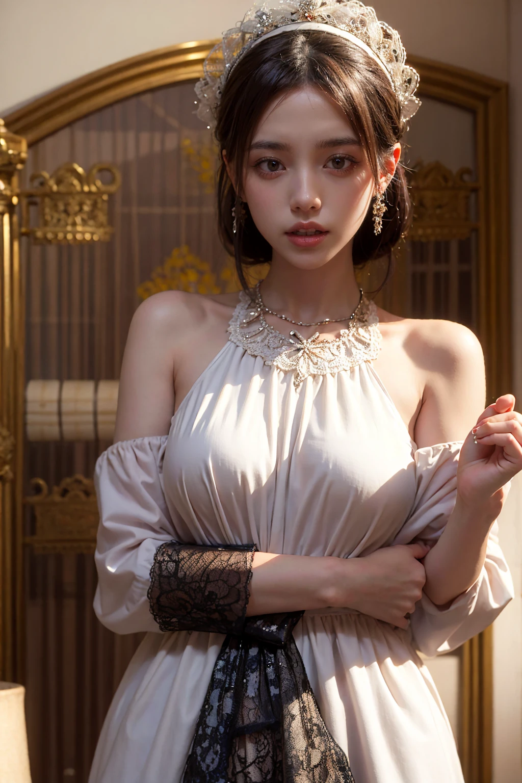 ((best quality))，White Girl，Open your mouth，Hand holding a scepter，have，Large Breasts，Desert fortress in the background，Fat Girl，Fat Face，White，White的，White厚底鞋，short hair，((masterpiece))，((1 girl))， Lots of details，((Jewelry))，Medieval noble summer dress, （Nikolai Fehin），(Fechinbu， They are like this, )