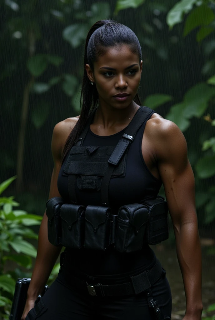 photo of mulher negra, perspective shot,Lara Croft-Tomb Raider coutfit, sweat, petite, navel, smirk, aroused, 4K, HDR