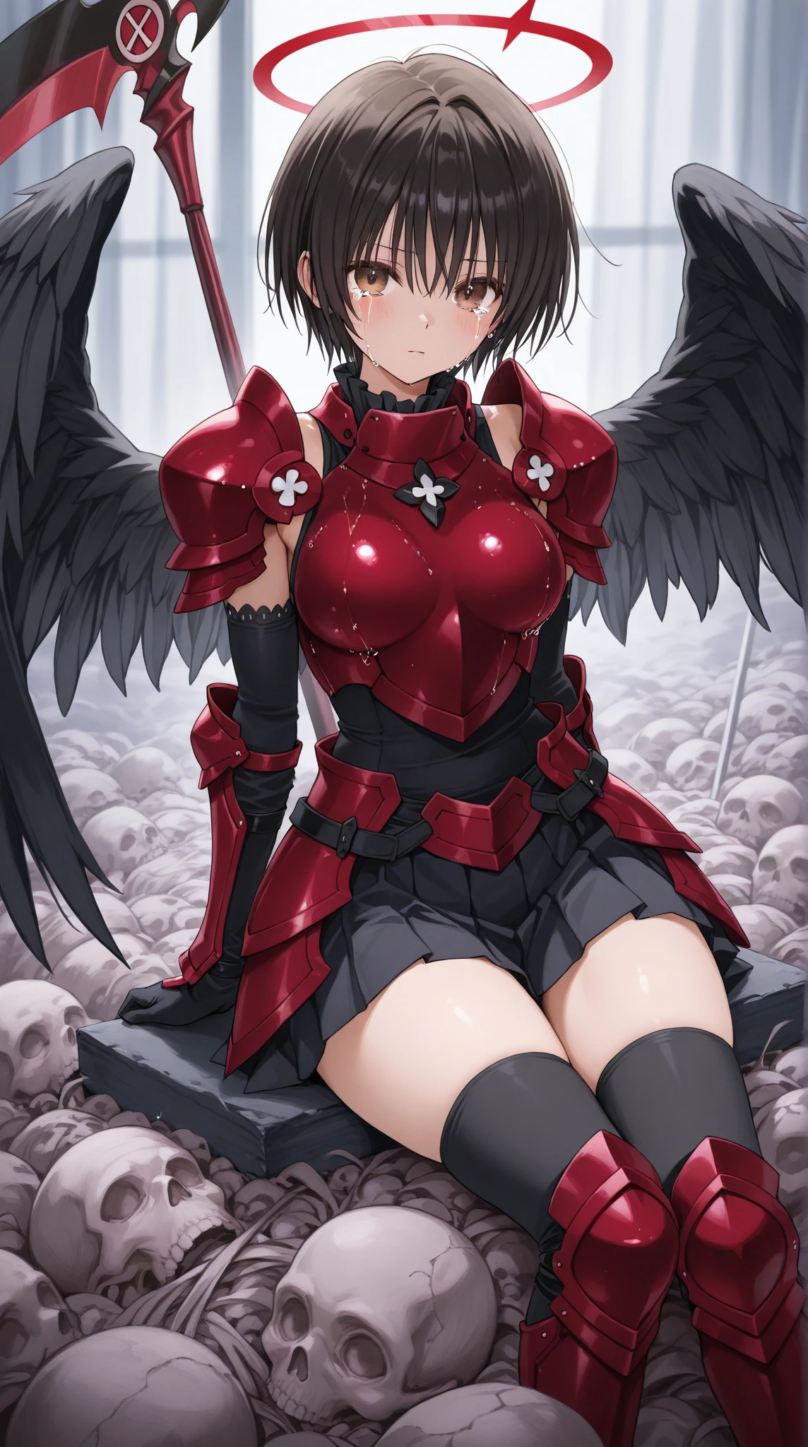 female knight Black Hair armor Torn white skirt No underwear battlefield Big Breasts Blood splatter