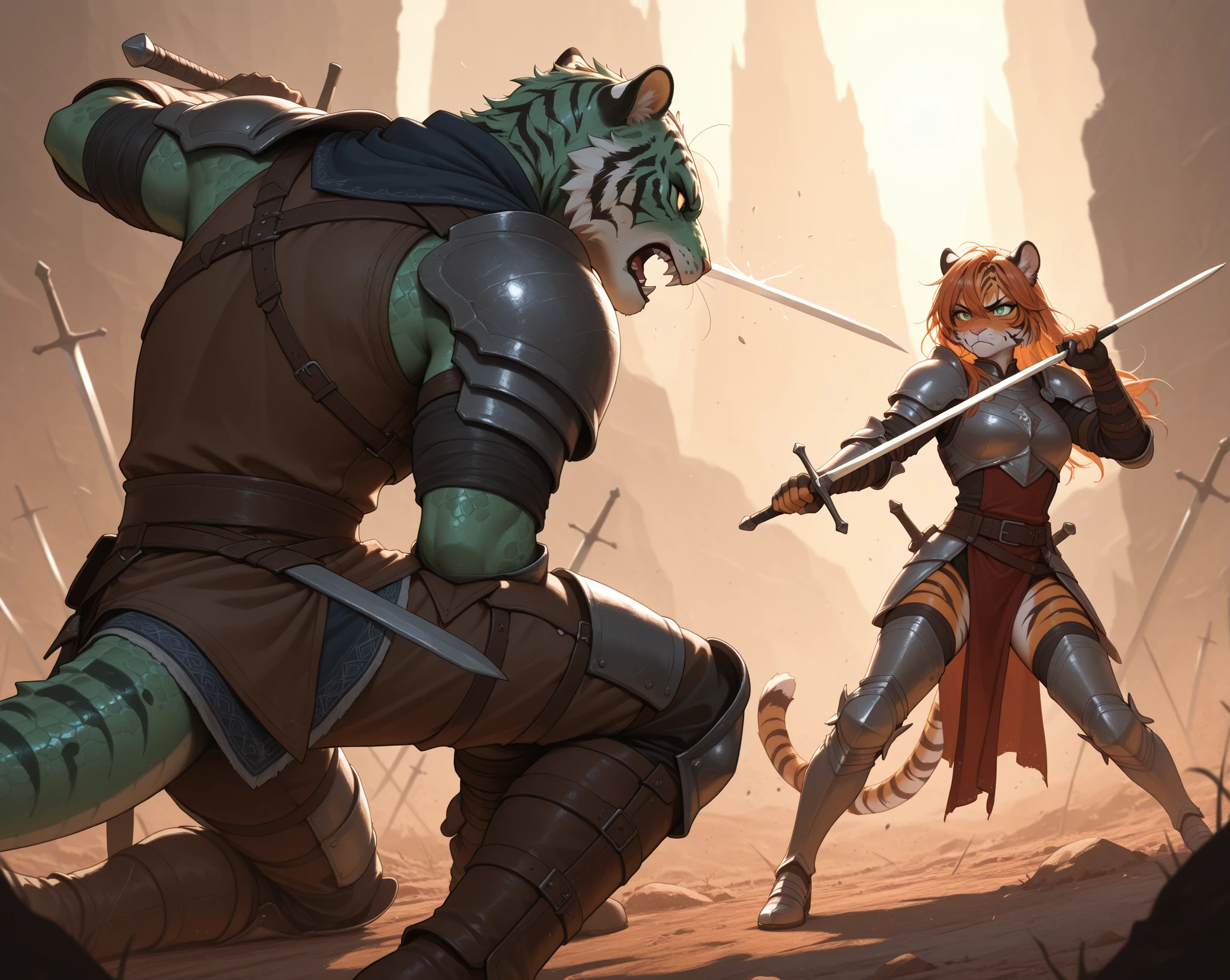 Couple of Sexy young anthro furry wolfes male mercenary warriors, slim endomorph muscular, handsome gay model male apperance, they are fighting with swords in forest ancient battle, sword duel, angry anger look, rage, sword scars, worn out leather skimpy armament, low on hips heavy leather belt, old very worn out skimpy dirty linen material jockstrap, old yellow dirty worn out stains on white sawn jockstrap, very visible "x" brown seam pattern on the jockstrap, studded skimpy armlets breastplate armor, skimpy breastplate, leather bondages, fingerless leather gloves, smelly unwashed furr, dirty body look, both of them hold blooded sword in hand, proffesional anathomy, correct anathomy, five fingers, correct muscules building, proffesional perspective, professional composition, proffesional cinematic sword fight scene, correct sword hold in hand,