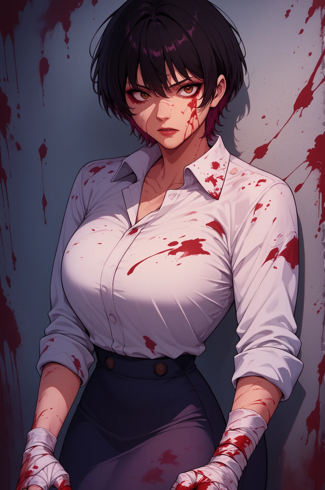 ((blood droplets)), ((blood)), ((blood splatter)), ((blood on clothes)), ((blood stain)), Masterpiece, Beautiful art, professional artist, 8k, art style by sciamano240, Very detailed face, Detailed clothing, detailed fabric, 1 girl, view from above, lying in the fetal position on the floor, perfectly drawn body, legs open, (very big breasts), dead expression, lifeless, pale skin, beautiful face, short black hair, Closed eyes, pink cheeks, glasses, choker:1.6, (white collar button down long sleeve shirt), black gloves, gloves that cover hands, (holding an ax in his right hand), (black leather corset), (shiny black tight mini skirt), Sensual Lips , evening de invierno, Dark road, dark forest, evening, Atmosphere, fog