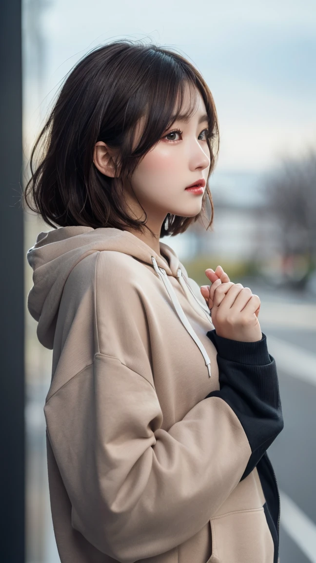 (Best quality, high resolution, masterpiece: 1.3), a beautiful woman, big breasts, slim figure, (short dark brown hair), sweatshirt, beautifully presented details in the street and facial and skin texture, detailed eyes, double eyelids, big eyes,full body