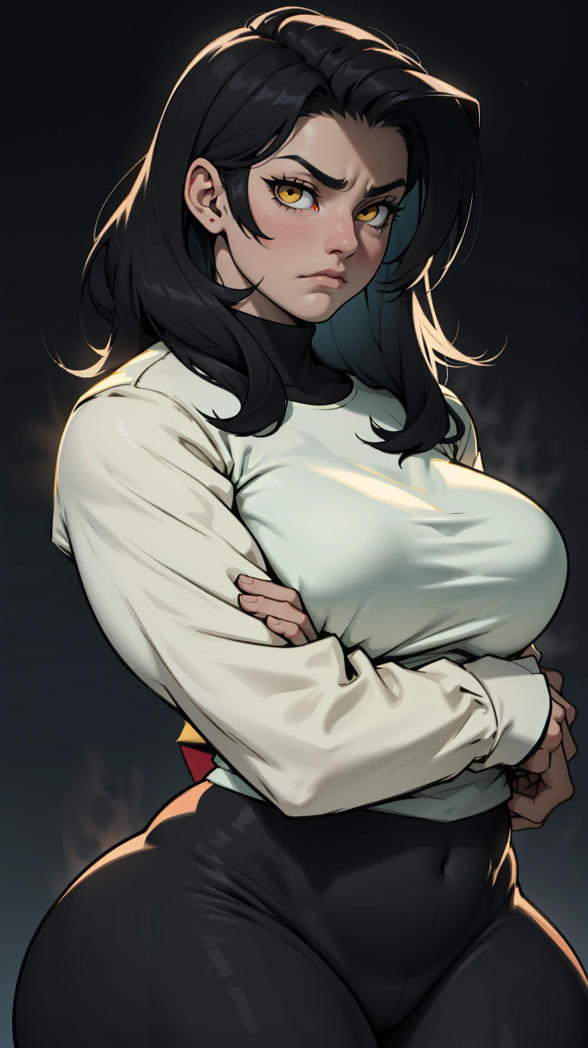 black hair yellow eyes sad expressionless muscular girl huge breasts pale skin monk monk