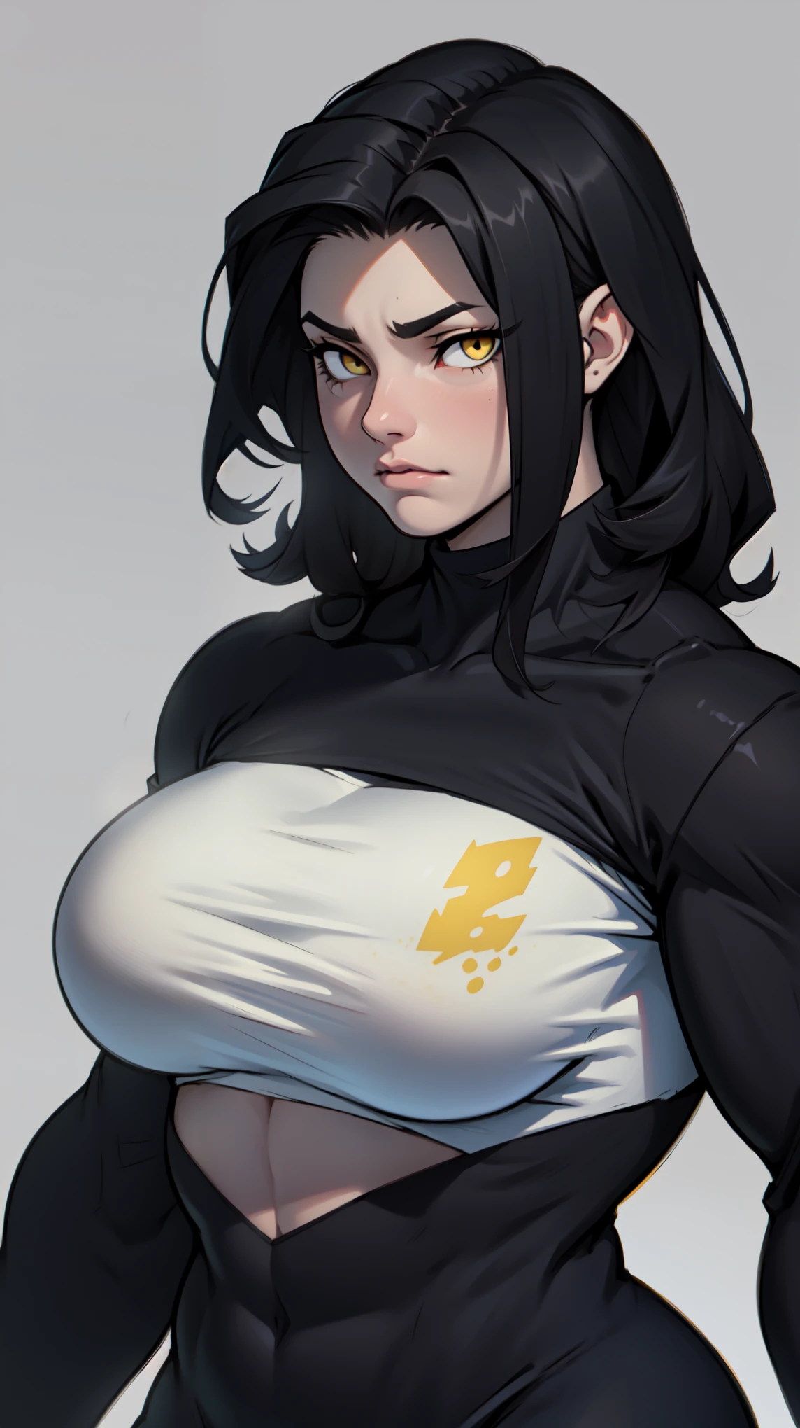 muscular black hair yellow eyes pale skin girl sad cleavage huge breasts blushing frown sweaty long straight hair long straight hair long straight hair