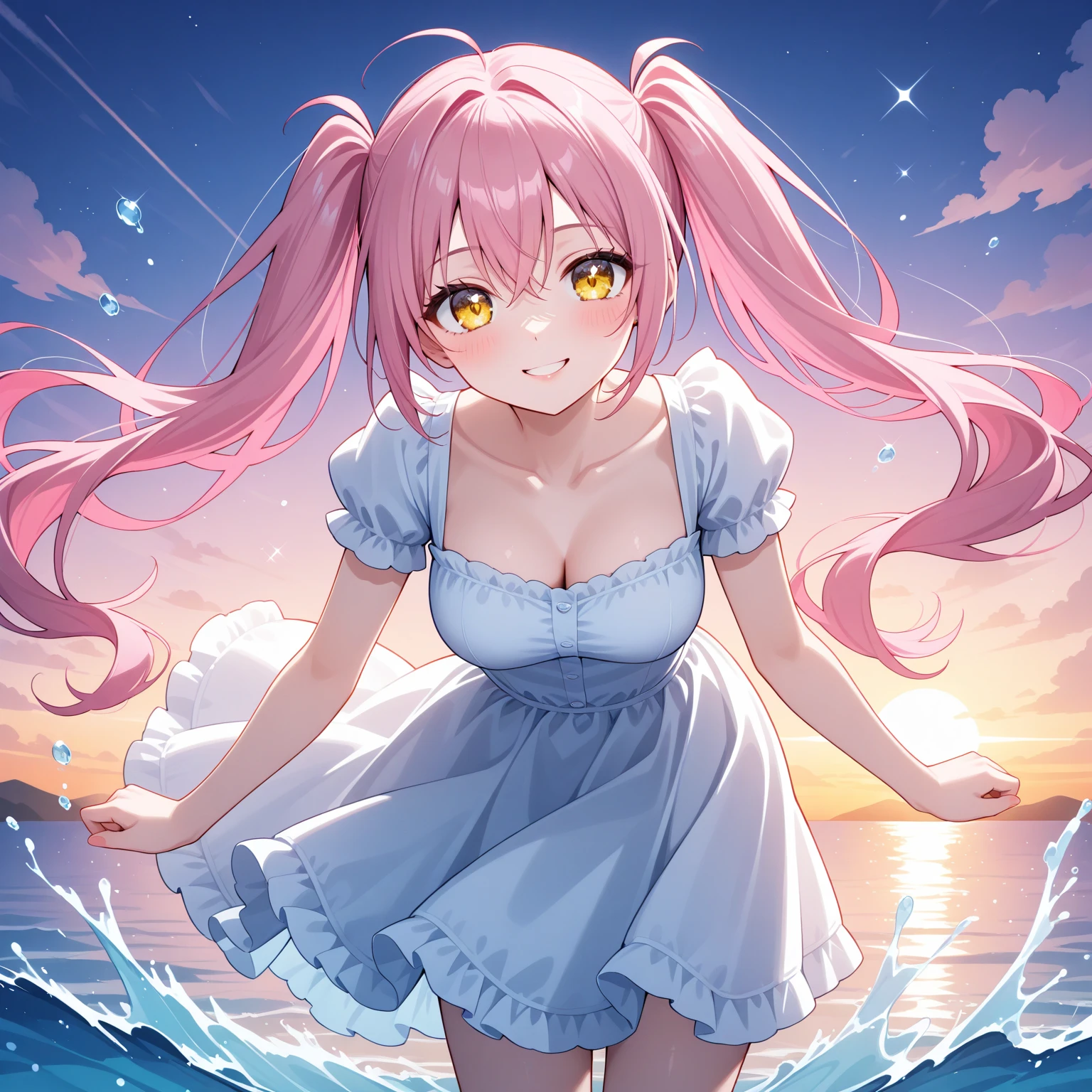 A character inside a soap bubble, Flying in the sky inside a soap bubble, swim wears, blue-sky, transparent soap bubbles, A pink-haired