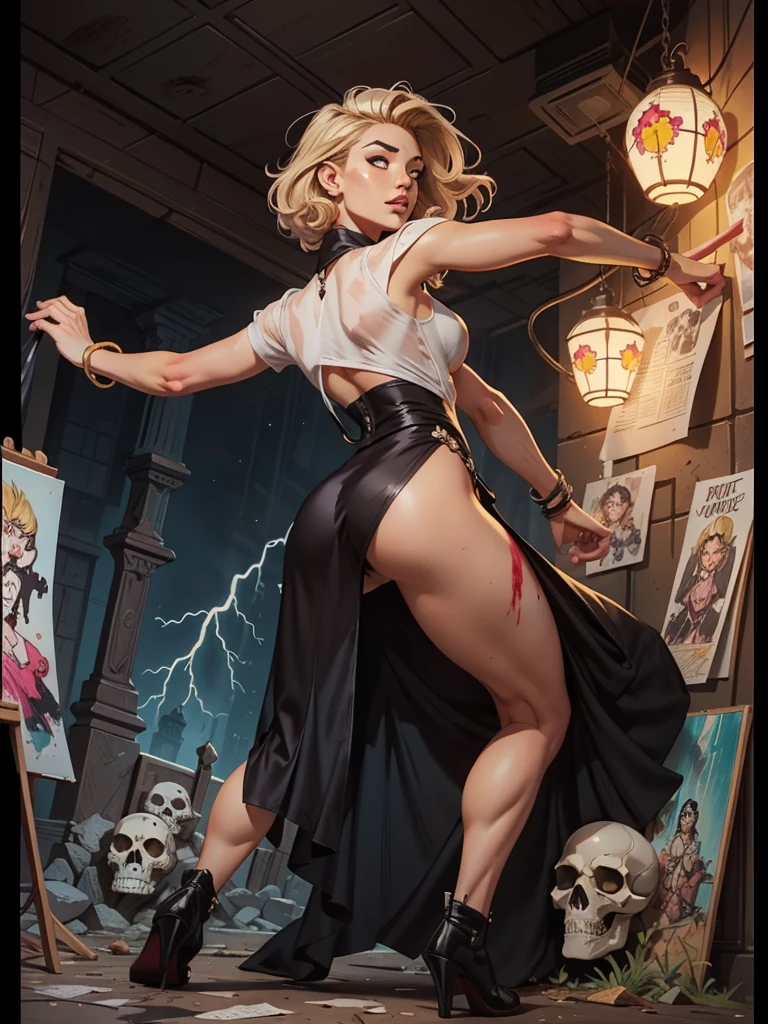 a blonde haired woman with a knife and a cigarette, com o chuky atrás dela Poster art, Poster. lord of daggers, fofosexyrobutts, Poster, inspired by Earle Bergey, comic Poster style, Poster girl, girl Poster, Poster, Poster body, Poster, Poster, art cover illustration, by Randy Vargas, Poster model, Poster girl