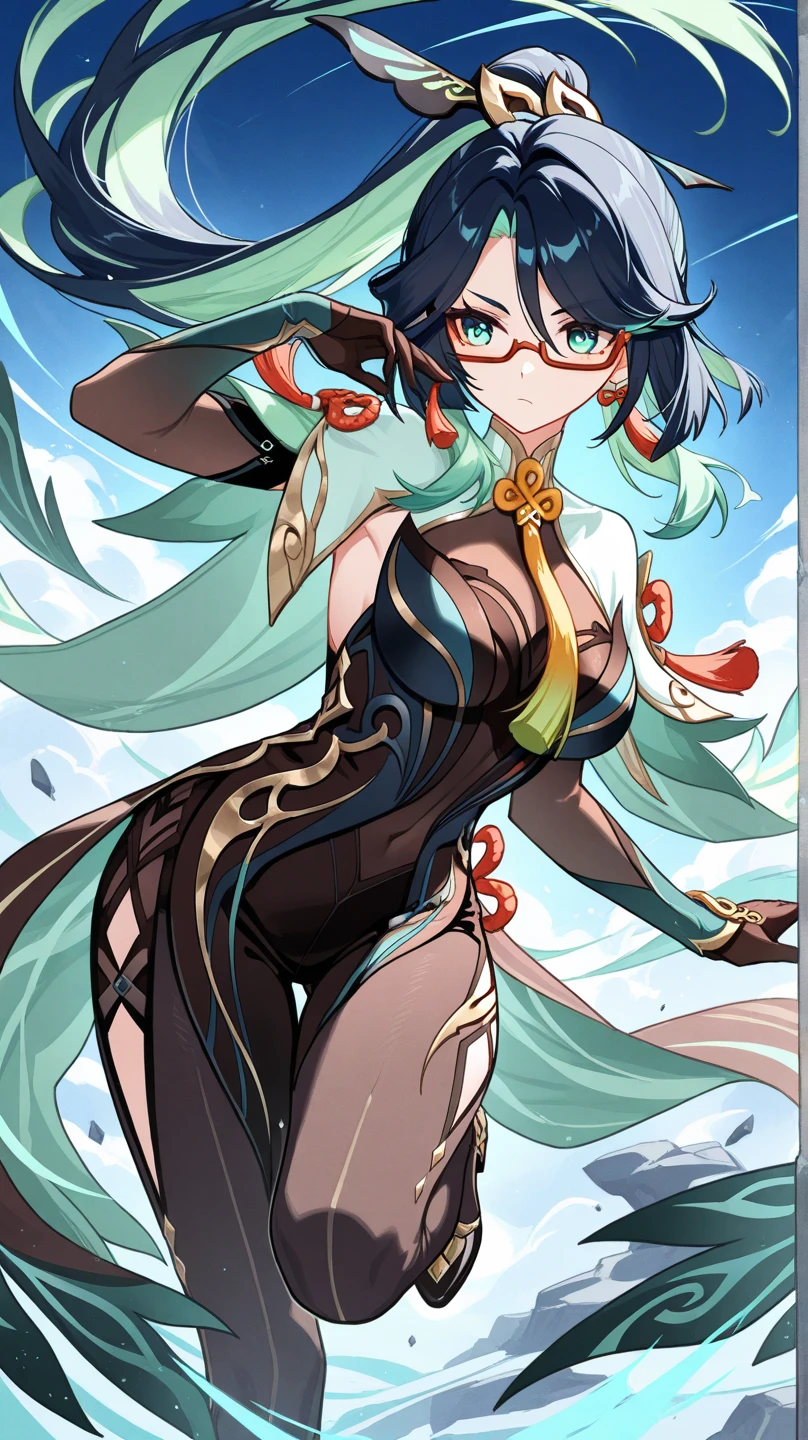 Create an anime-style illustration of a 10-year-old girl named Shizuka. She has long, straight, blue hair with bangs cut straight across her forehead. She has large, almond-shaped silver-blue eyes and porcelain-like white skin. Shizuka often wears glasses.(Highest quality:1.4), (super high quality), (Very detailed)Emerald Blue Sea、Sandy Beach、Super big breasts、Big Butt、White Micro Bikini、High and small nose、Long Hair、Facing forward