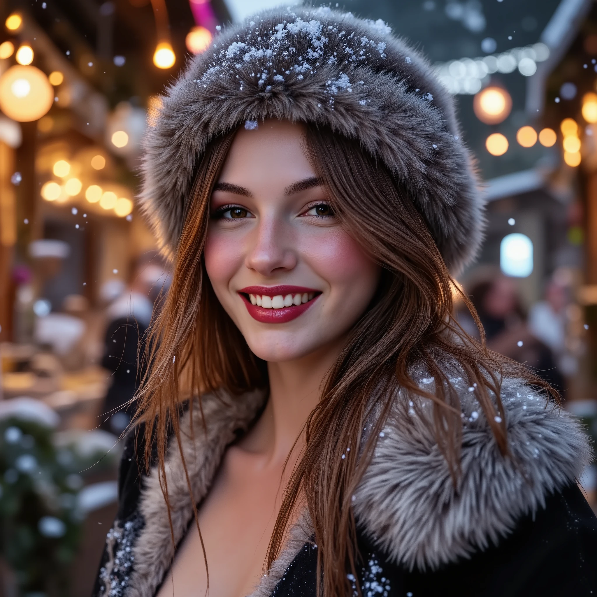 woman with long hair, wearing a fur coat and a fur hat, smiling, happy attitude, outside, christmas fair with lot's of decorations and christmas lights in the background, heavy snowing,