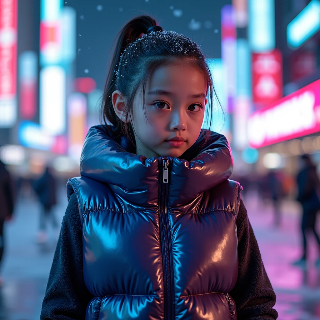 realistis 4d anak gadis kulit realistis rambut hitam yang mengenakan jaket berbulu tebal warna kuning biru, sepatu pink, rok merah kotak kotak, duduk di jalan kota pada malam hari. Anak tersebut harus memakai headphone, memegang boneka anjing besar dengan dua tangan. Latar belakang harus cerah dengan lampu kota yang buram, memberikan suasana dinamis dan penuh warna pada pemandangan. kuwalitas gambar super detail,