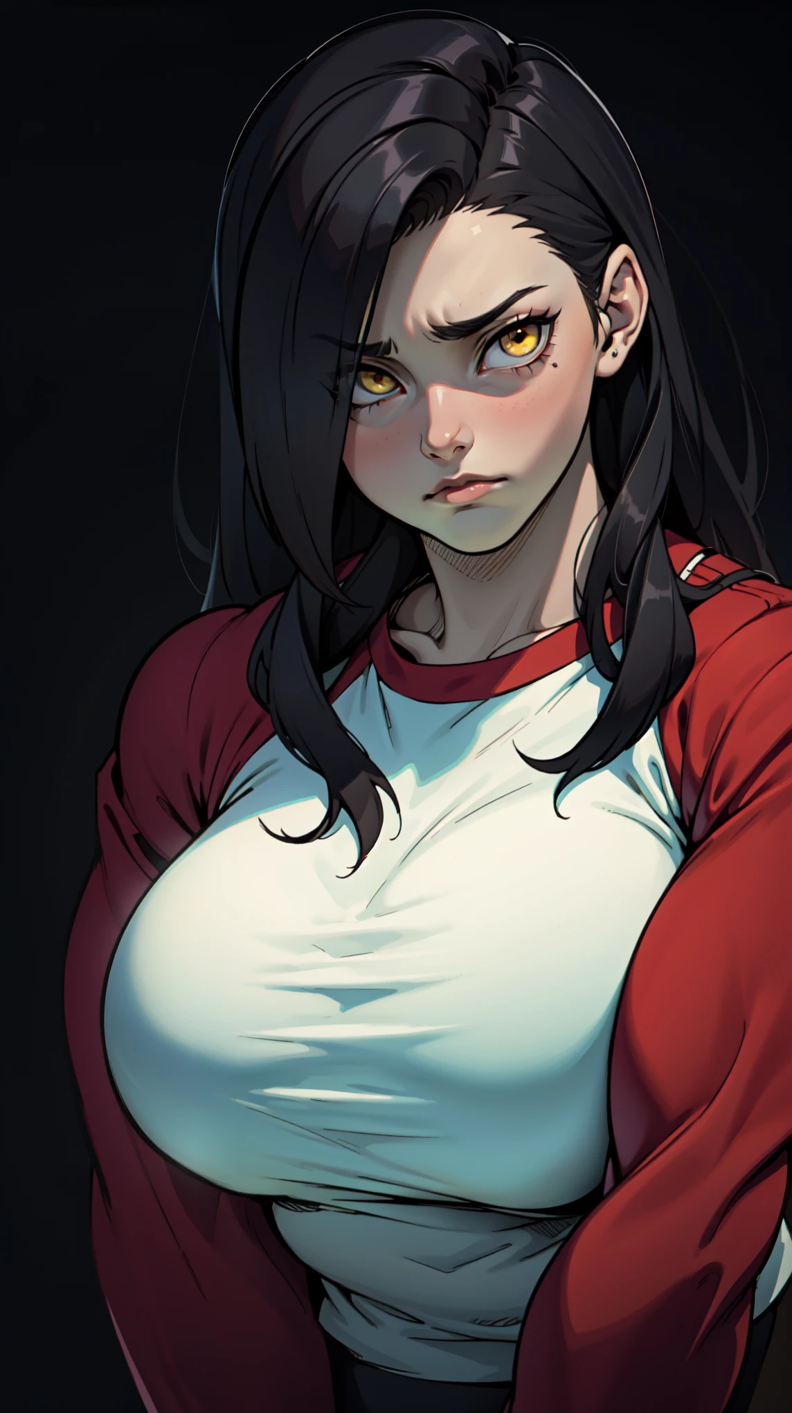 sad girl muscular muscular muscular breasts breasts breasts thick thick thick thick black hair yellow eyes pale skin pale skin thick thick thick long sleeve dark atmosphere thick thick thick thick thick thick muscular simple background sad sad sad sad tigth shirt