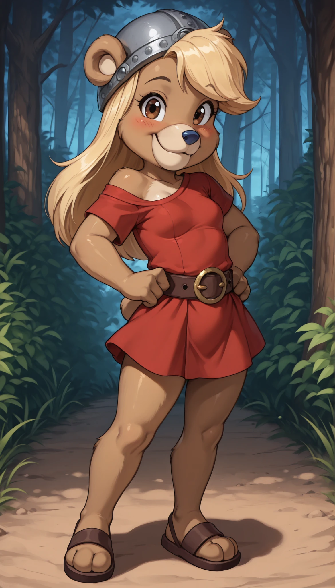 score_9, score_8_up, score_7_up, (masterpiece, best quality, very aesthetic, absurdres, source furry, artist:sakura, shaded,) 1girl, solo, bear, furry female, Ursa Barbic, young, brown eyes, looking at viewer, smile, blush, blonde hair, messy bangs, long hair, bear features, bear ears, bear tail, two tone body fur, brown body fur, clear brown body fur, blue animal nose, ((iron helmet, red dress, short sleeves, one shoulder off, belt, sandals)), forest on background, confident, anime style, glistering body, shiny body, oily skin, small breasts, full body, feets with three toes, presenting front, skinny, thin body,