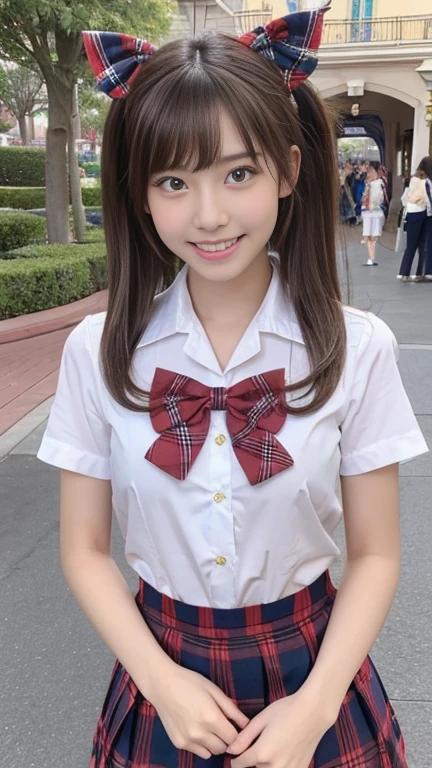 (ung girls), ((twintails)), brown hair, (highly detailed Beautiful face), Amazing face and eyes, (Best Quality:1.4), (Ultra-detailed), (extremely detailed CG unified 8k wallpaper), Highly detailed, High-definition raw color photos, Professional Photography, Realistic portrait, Amazing face and eyes, Pink eyes, (hi-school uniform, pleated mini skirt:1.3), ((hi-school uniform with open chest)), model, smile shyly, (((Bokeh))), depth of fields, depth of fields, beach, twilight, sunset,