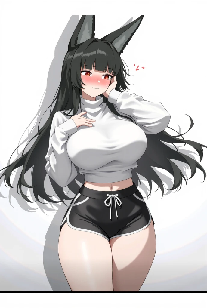 Optimal,masterpiece,High resolution,highest quality,hyper hd,Super detailed,award-winning,16k,alone,(cowboy shot)、cute face,,black hair、long hair、twin tails、 hair line,((scarlet eyes)),long eyelashes,drooping corners of the eyes,Are standing、open your legs、thin legs、white skin,((Shoot from below)), ((wearing a tight white t-shirt:1.5)), ((tight yoga pants)). ((transparent nipples))、rocket tits , big breasts,
