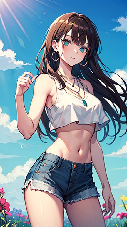 (8K、Highest quality、Highest quality、masterpiece)、Detailed face、One Girl、
(Brown Skin:1.2)、Black Hair、Long Hair、
Pink Eyes、Sweat、Grin、
(White tank top、Denim hot shorts、Mini Shorts、Cameltoe)、
Beach、cloud、
belly button、Big Breasts、