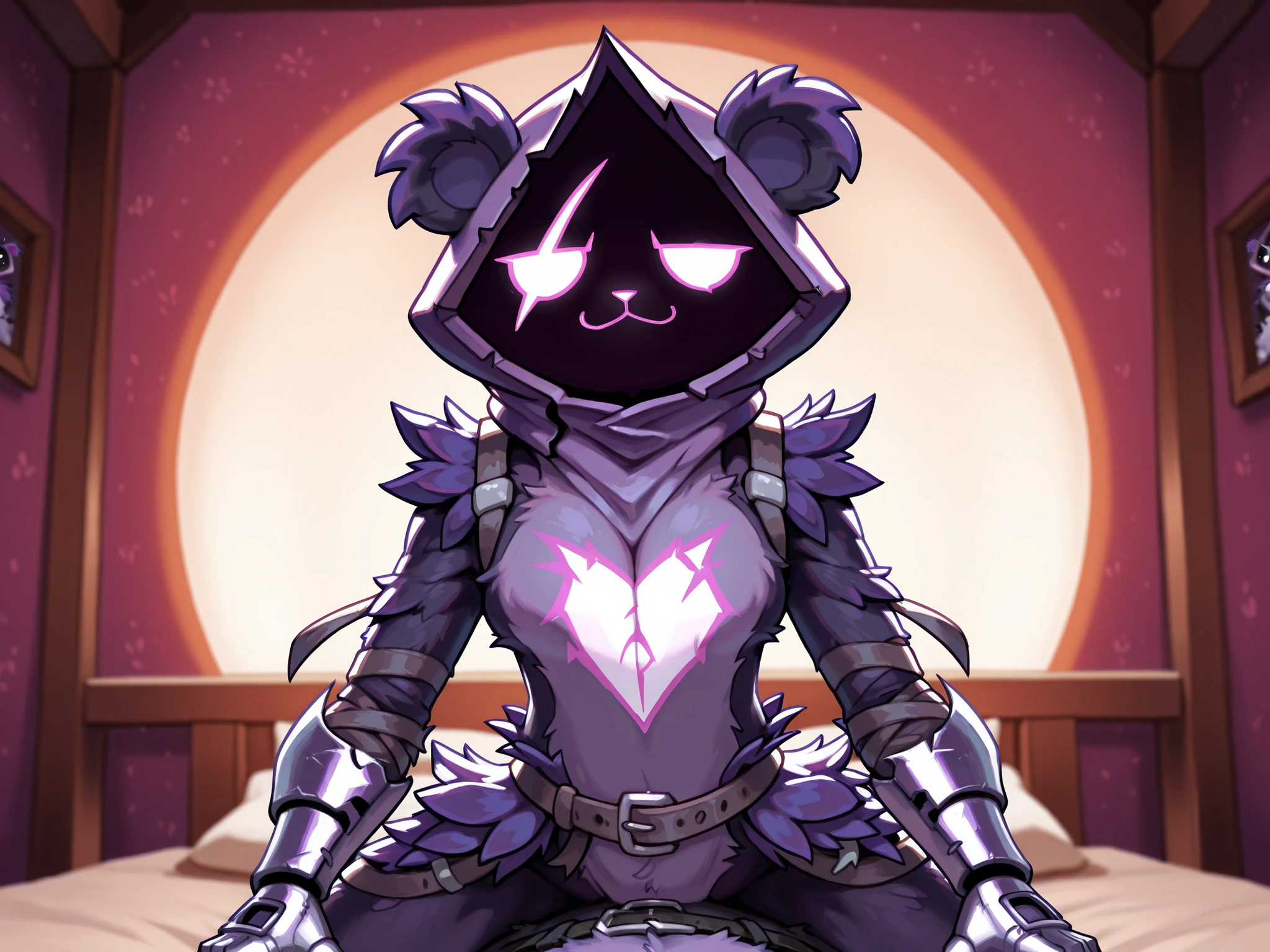 ((((Raven Team Leader)))), purple hood, animal ears, shaded face, purple skin, scar on eye, (furry), (body fur), purple fur, belt, straps, :3, torso symbol, metal gloves, upper body, looking at viewer, circle eyes, expressionless, ((straddling)) on bed, bedroom background, midnight, epic, cinematic lighting, volume lighting, bright tone, warm color, colorful, masterpiece, super detail, high quality, best quality, highres, 16k,