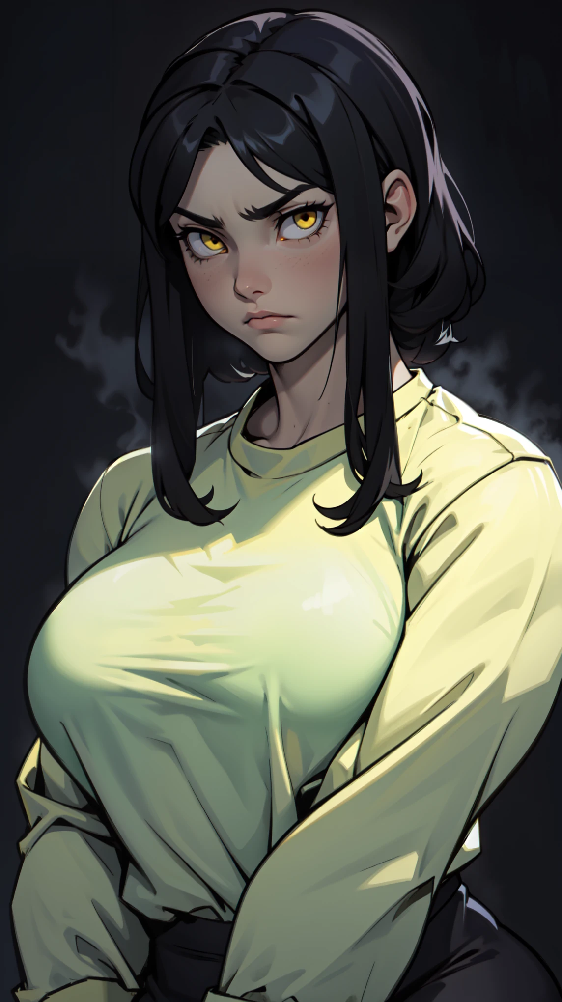 sad girl muscular muscular muscular breasts breasts breasts thick thick thick thick black hair yellow eyes pale skin pale skin thick thick thick long sleeve dark atmosphere thick thick thick thick thick thick muscular simple background sad sad sad girl sad girl tigth shirt
