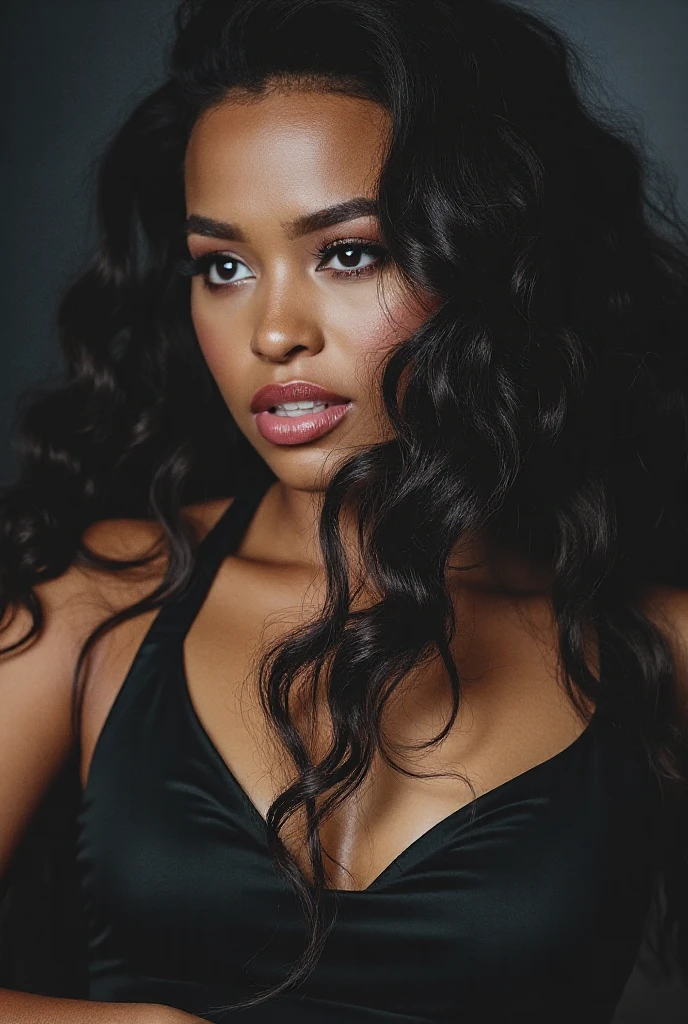 Masterpiece, best quality, A dark skin black woman with layered curls, high check bones, long layered haircut, , bell dancer dress, hyperrealistic, (flat chest, small breasts:1.3), big nose, looking at viewer, (mole:0.7),