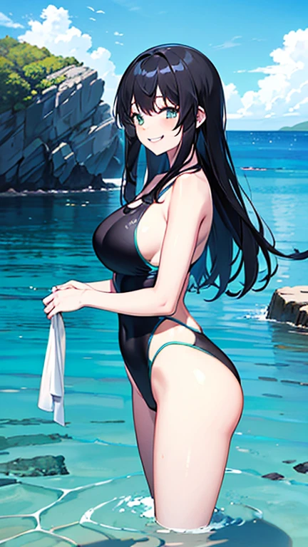 masterpiece,Top quality,A high resolution,1girll, two long tail, black hair, smile, black sexy dress ,anime, nude, sexy bikini, twintails hair, Middle part hair girl, looking viewer, thicc, H cup