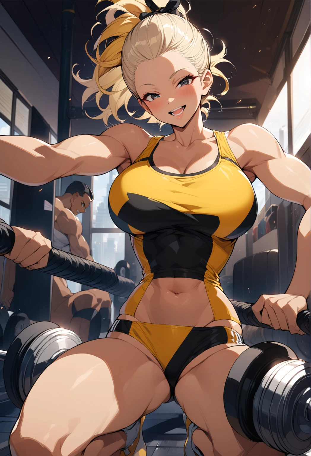 (anime style),masterpiece, best quality, extremely detailed,16Year old,tanned skin,dark skin, Beautiful body,glamour breasts,BREAK,multicolored colorful blonde hair,short hair,hair slicked back,BREAK,black eyes,happy smile,open mouth,eyes widen,happiness
smile face,detailed lips,open legs,BREAK,cotton black big ribbon,BREAK,yellow hanging tank top,break,head tilt,aggressive approach,Power lifting