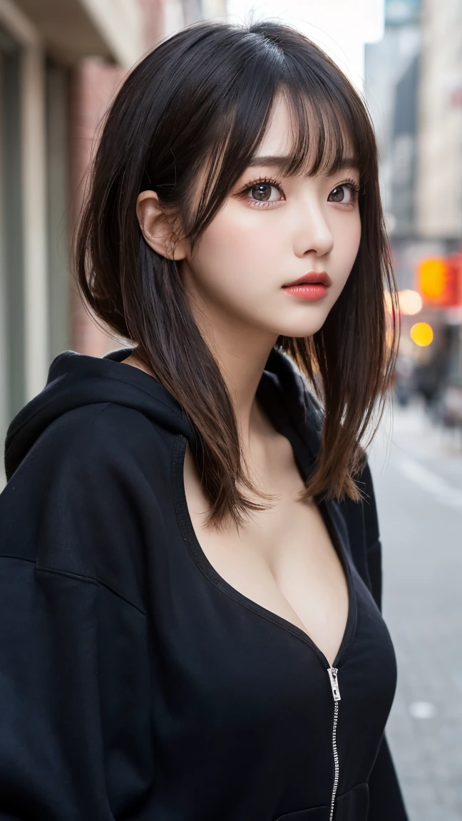 (1 nogizaka girl,raw photo,photo realistic:1.5),(best quality, high quality,HDR, highest quality,ultra high resolution,high resolution,high res,ultra high difinition,huge file size,8K,2K wallpaper,8K wallpaper,high quality texture,amazing,an extremely delicate:1.4),one girl, Japanese famous idol,beautiful face,small face,absurd,ridiculous,incredibly ridiculous,portrait,breasts close up,blurry background,(hooded,cleavage,no makeup:1.2),(six_heads tall),medium skin,beautiful skin,detailed skin,six heads tall,black hair,silky hair,(Japanese eyes:1.3),detailed eyes,black eyes,Japanese idol eyes,triangle eyes,Japanese nose,5-fingers,(Light Particles, Lens Flare, Luminous Particles: 0.7),looking at viewer,bright lighting,professional lighting,girl