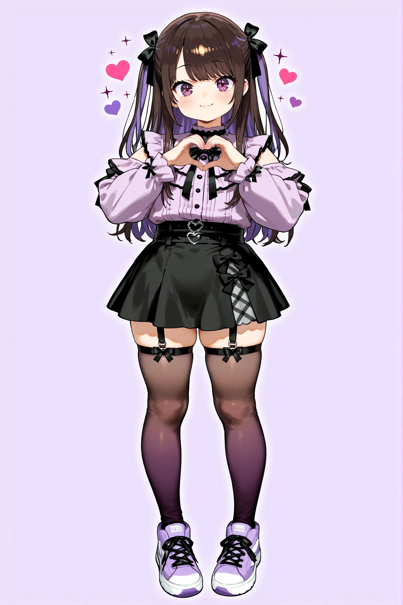 cute anime otoko no ko, jirai_kei, gothic_ta, dark brown and purple gradation medium-length hair, big sparkling brown and lavender eyes, black bows in hair, black skirt, garter straps, legwear garter pantyhose, soft pastel aesthetic, surrounded by small hearts, kawaii style, gentle expression, detailed and colorful illustration, simple background, Round face, Rounded chin, full body shot, sneakers, plump, heart hands, smile