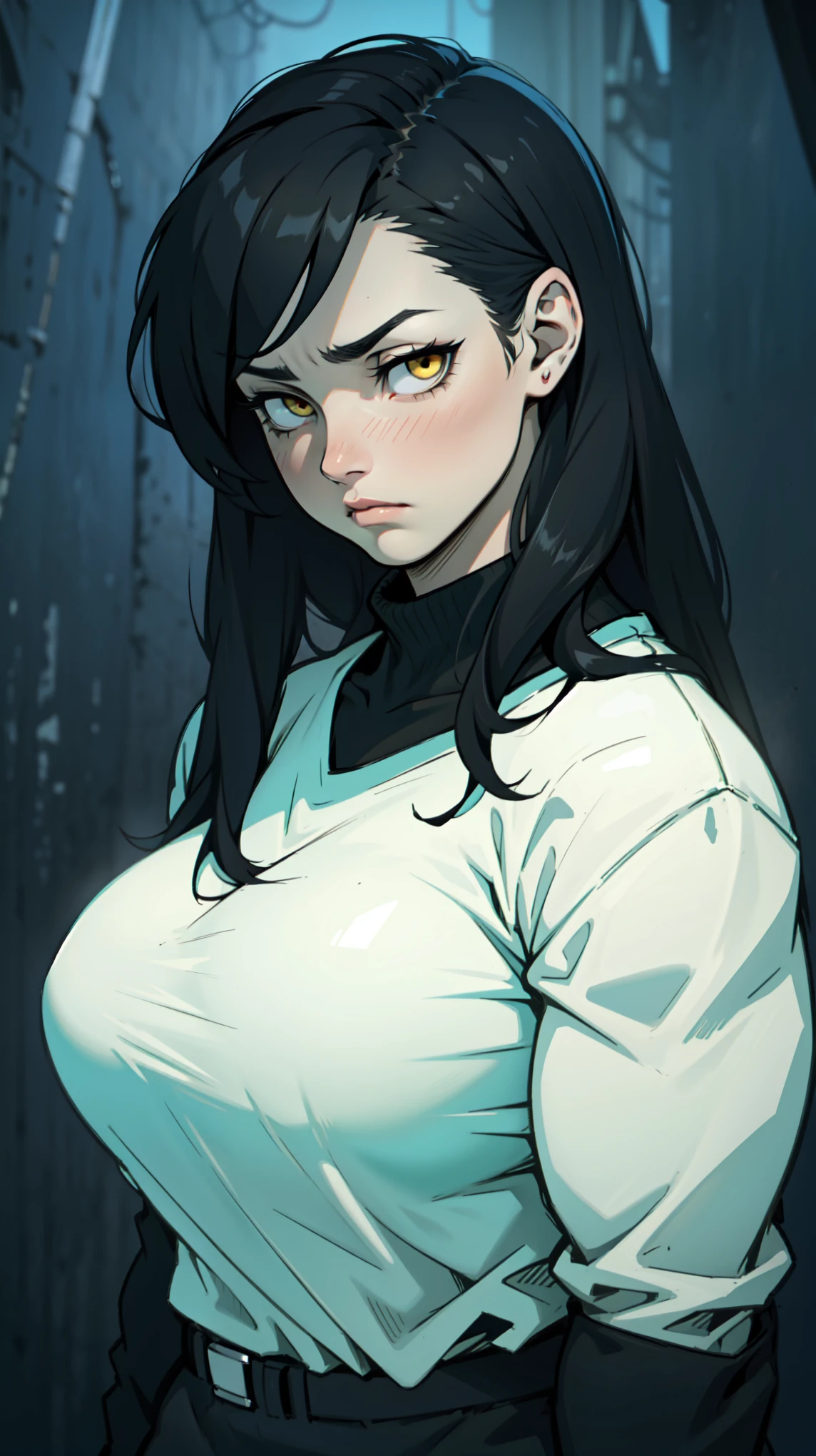 sad girl muscular muscular muscular breasts breasts breasts thick thick thick thick black hair yellow eyes pale skin pale skin thick thick thick long sleeve dark atmosphere thick thick thick thick thick thick muscular simple background sad sad sad sad tigth shirt