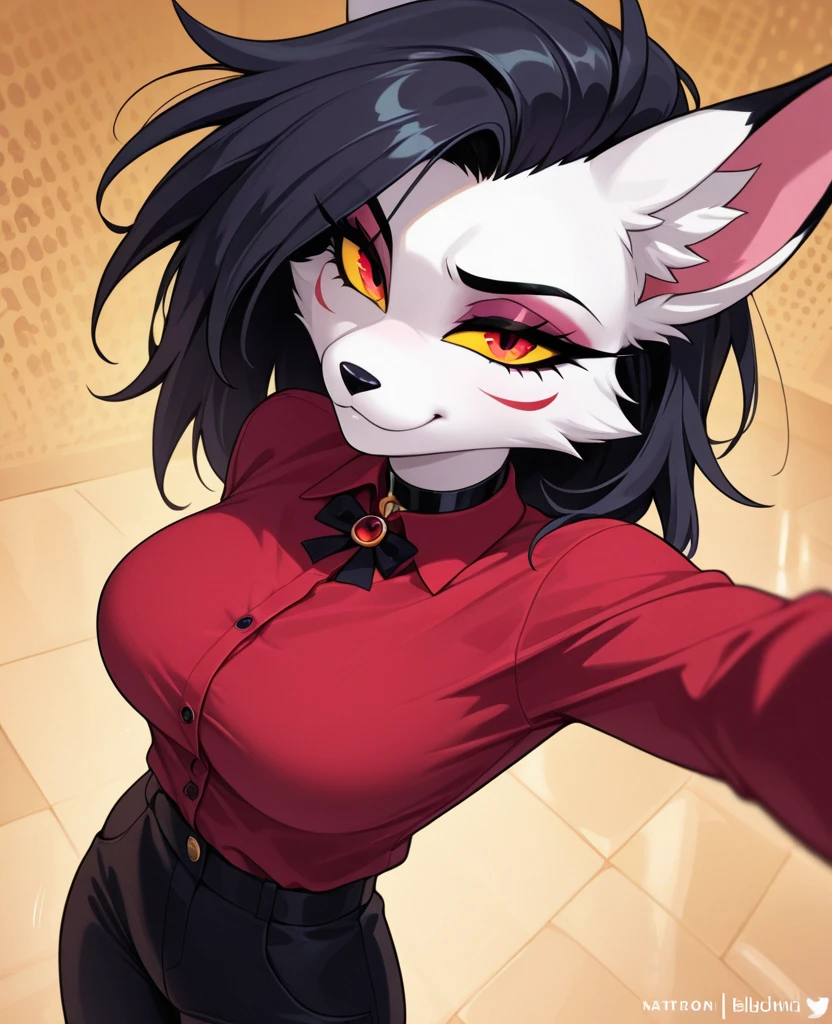 ((masterpiece, best quality)), (anthro furry:1.3, muzzle:1.2, anthro:1.3, furry:1.2, closeup:1.2, female solo:1.2, neckline, leaning forward, smile, red), no blouse, sweatpants,transparent blouse