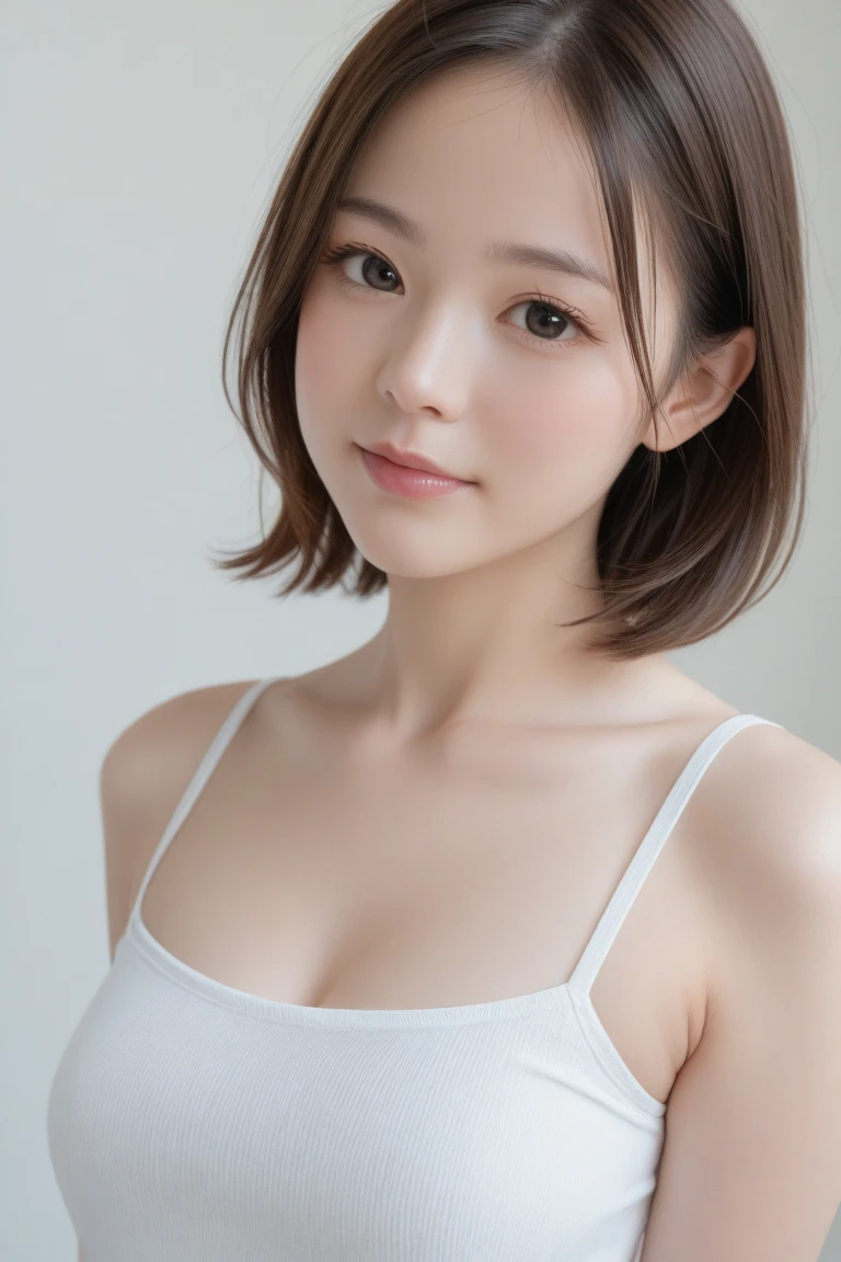 ((The highest image quality, 8K, masutepiece:1.3)), Soft light, 1girl in, beautiful a girl、, Cute:1.3, Brown hair, (casual hairstyle, :1.2), Ultra-fine face, Detailed eyes, A slight smil, Take pictures in cute poses,tiny small waist,Super big breasts,close-up,Close-up chest,White-skinned,background at room