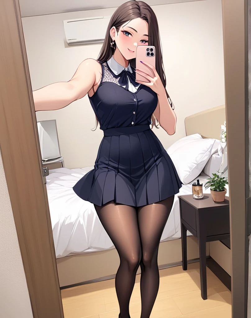 a beautiful woman standing in a small room looking sexy in her stockings and heels, 1girl, solo, pantyhose, high heels, skirt, glasses, brown hair, pencil skirt