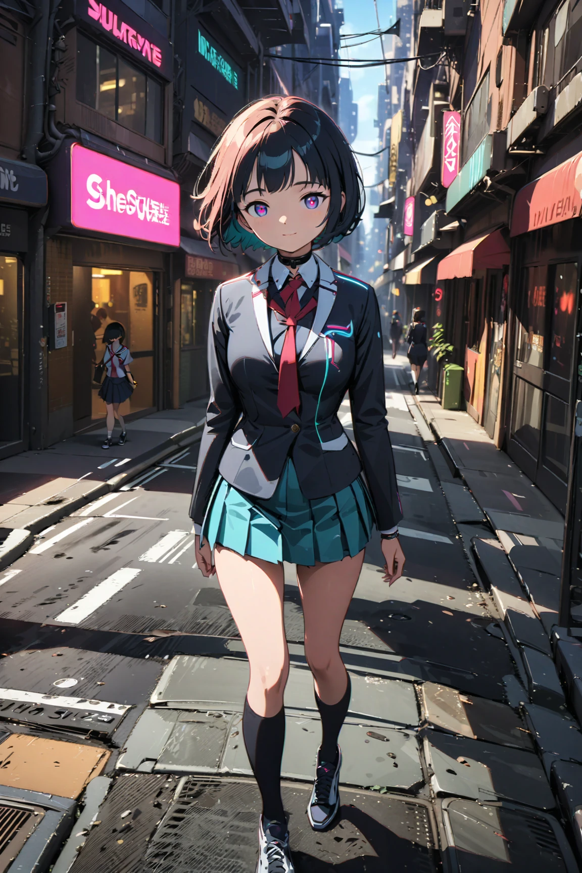 1 girl, single girl, cute, dark skin, tanned skin, short purple hair, green eyes, blushing, chubby, somewhat large breasts, pink loli costume, pink long stockings, pink heels, pink beret with bow, high school class,