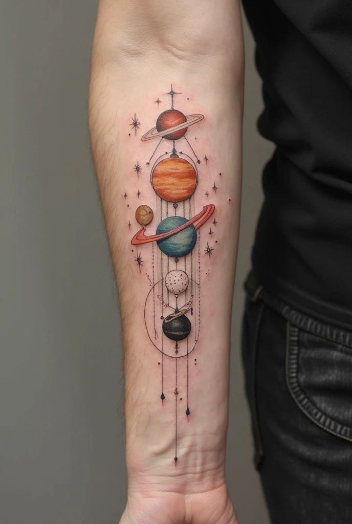 A tattoo of planets with a compass in the middle