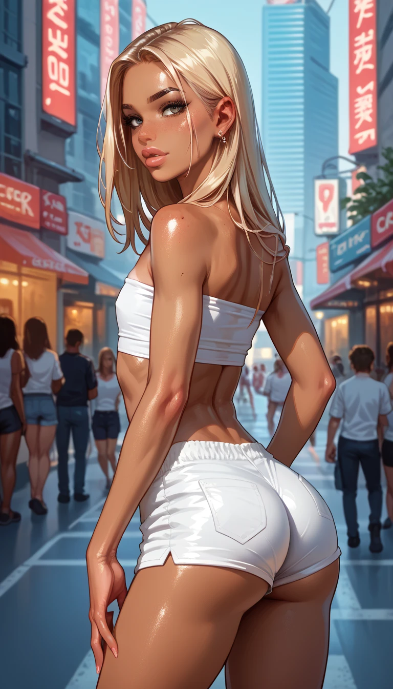 A 18 year old girl with a twintailed hair is walking in the street at night. The girl is wearing a white slingshot micro bikini, and white thigh high socks. She has slender abs and wears glasses. She also has a necklace around her neck. The scene is bathed in the soft glow of street lights, creating a mysterious and enchanting atmosphere. The image should be of the best quality, with ultra-detailed features, and a realistic, photorealistic style. The colors should be vivid, with a touch of cool tones to enhance the nighttime ambiance. The lighting should be atmospheric, emphasizing the girl's silhouette and casting intriguing shadows on the surrounding environment.