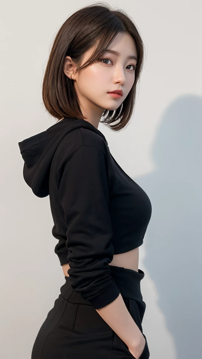 masterpiece, Best Quality , photorealistic, in detail , high definition,fine details, 8k Wallpaper, perfect dynamic configuration , Beautiful detailed eyes、Big Rich Breasts, black eyes,( breast bulge、23 years old、Adult Beauty)、 (big size black hoodie),( stylish girl),(Long sleeves that hide your hands:1.2),(sideways:1.2),(Full profile :1.2),(bob hair:1.2),Stylish waiting,Beautiful profile,(Hand to ear),(I can see up to my waist),