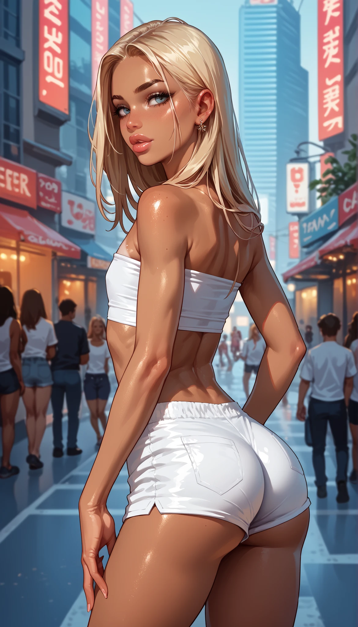 score_9, score_8_up, score_7_up, source_anime, full lips, golden tan skin, small white tube top, flat chest, tight small shorts, toned, bubble butt, athletic, slim, EMedvedevaSkater, famous girl, RainbowFoxPDXL, sunny day at city