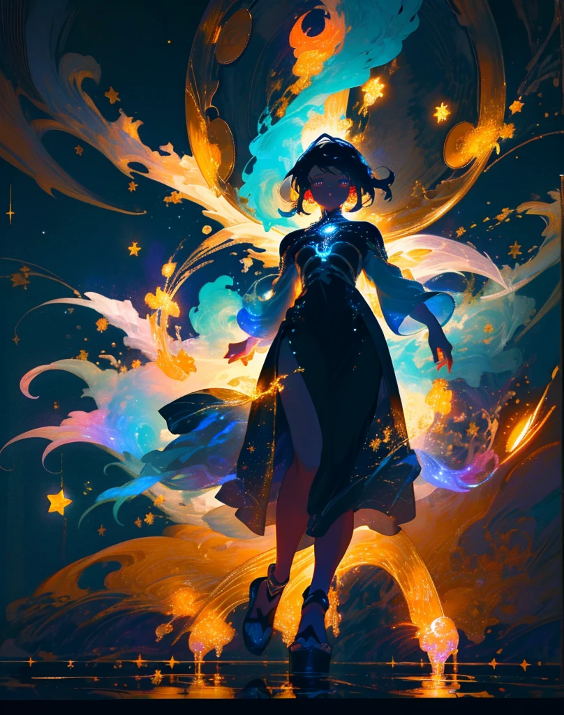 Vast landscape photo, (viewed from below, the sky is above and the open field is below), a girl standing on a flower field looking up, (full moon: 1.2), (meteor: 0.9), (nebula: 1.3), distant mountains , Trees BREAK Crafting Art, (Warm Light: 1.2), (Fireflies: 1.2), Lights, Lots of Purple and Orange, Intricate Details, Volumetric Lighting, Realism BREAK (Masterpiece: 1.2), (Best Quality), 4k, Ultra-Detailed, (Dynamic Composition: 1.4), Very Detailed, Colorful Details, (Rainbow Colors: 1.2), (Glow Lighting, Atmospheric Lighting), Dreamy, Magical, (Solo: 1.2)